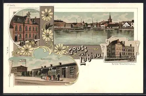 Lithographie Labiau, Kaiserl. Postamt, Bahnhof und Kreis-Krankenhaus