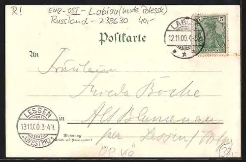 Lithographie Labiau, Kaiserl. Postamt, Bahnhof und Kreis-Krankenhaus
