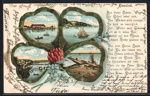 Lithographie Sonderburg, Schloss, Horuphaff, Schloss Augustenburg, Mummark-Fähre, Kleeblatt-Passepartout