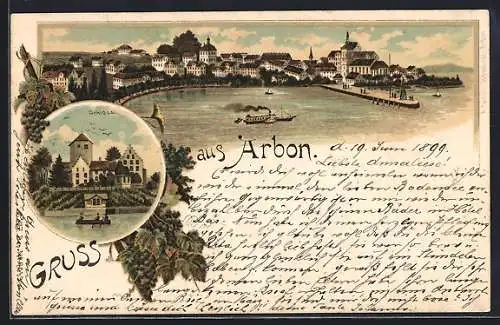 Lithographie Arbon, Schloss und Panorama mit Hafen