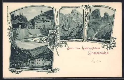 AK Stripsenjoch, Gruss vom Unterkunftshaus Grieseneralpe, Gasthaus zum Vorderjager, Predigtstuhl Steinerne Rinne