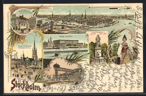 Lithographie Stockholm, Hissen, Kgl. Schloss, Denkmal Gustav Adolf, Ritterholmkirche