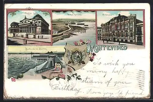 Lithographie Montevideo, Teatro Solis, Blanos de los Pocitos, Playa Ramirez, Ateneo