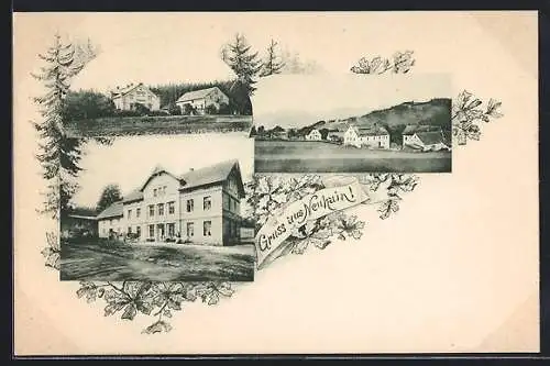 AK Neuhain, Gasthof und Ortsansicht im Eichenlaub-Passepartout