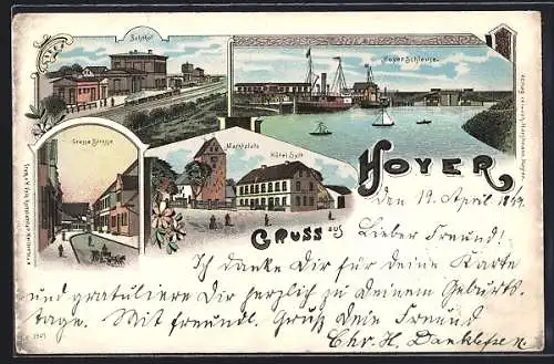 Lithographie Hoyer, Bahnhof, Hotel Sylt am Marktplatz, Grosse Strasse und Schleuse