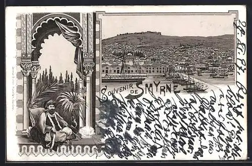 Lithographie Smyrne, Panorama mit Hafen, Türkischer Mann mit Pfeife