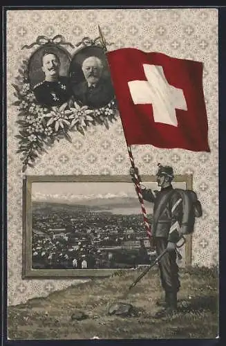 AK Zürich, Zum Besuch Kaiser Wilhelms II., Panorama, Portrait und Soldat mit Fahne