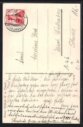 AK Zürich, Zum Besuch Kaiser Wilhelms II., Panorama, Portrait und Soldat mit Fahne