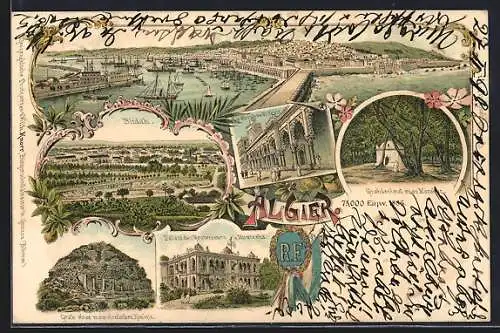 Lithographie Algier, Panoramablick auf die Stadt, Grab einer mauretanischen Königin