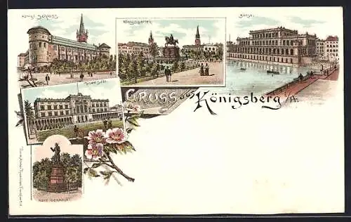 Lithographie Königsberg, Königsgarten, Schloss, Börse und Kant-Denkmal
