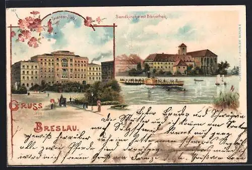 Lithographie Breslau, Tauenzien Platz, Sandkirche mit Bibliothek