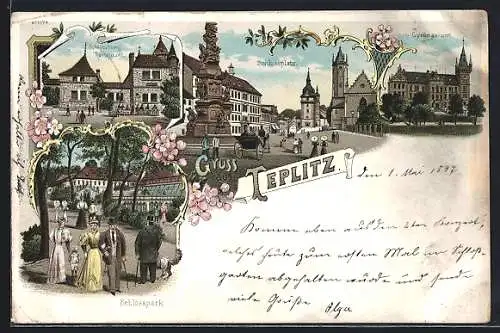 Lithographie Teplitz Schönau / Teplice, Schlossberg Restaurant, Schlossplatz, Gymnasium