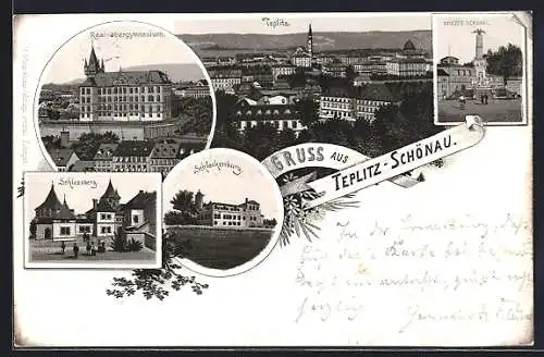 Lithographie Teplitz Schönau / Teplice, Krieger Denkmal, Schlackenburg, Schlossberg, Real-Obergymnasium