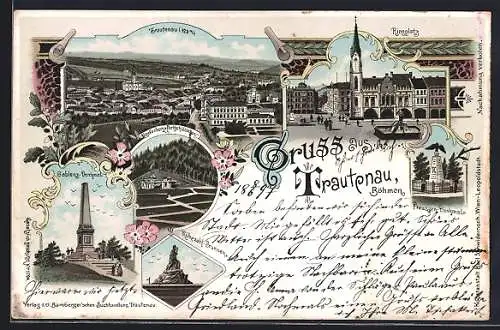 Lithographie Trautenau / Trutnov, Gablenz-Denkmal, Preussen-Denkmal, Ringplatz, Ortsansicht