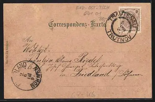 Lithographie Trautenau / Trutnov, Gablenz-Denkmal, Preussen-Denkmal, Ringplatz, Ortsansicht