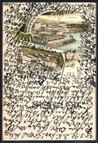 Lithographie Ika, Ortsansicht an der Küste, Blick auf Lovrana