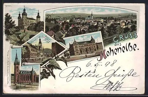 Lithographie Hohenelbe / Vrchlabi, Schule, Schloss, Hauptstrasse gegen Heidelberg