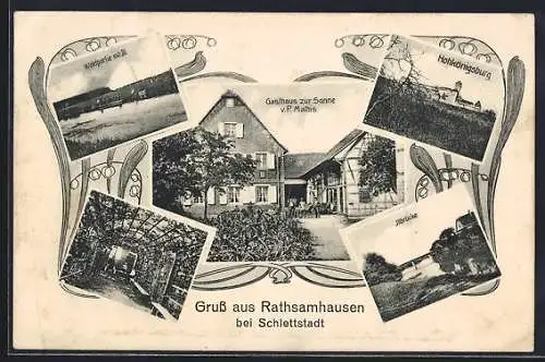 AK Rathsamhausen bei Schlettstadt, Gasthaus zur Sonne v. P. Mathis, Hohkönisgburg, Illbrücke, Waldpartie