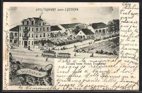AK Wolfisheim, Hotel Tramway v. J. Heymann, Strassenbahn davor