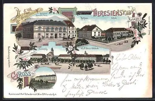 Lithographie Theresienstadt / Terezin, Rathaus und Schule, Paradeplatz mit K. u. K. Genie-Gebäude