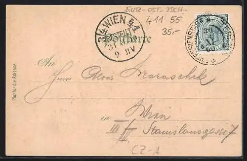 Lithographie Theresienstadt / Terezin, Rathaus und Schule, Paradeplatz mit K. u. K. Genie-Gebäude