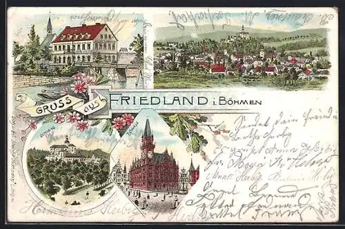Lithographie Friedland i. Böhmen, Das Hotel Habsburg, Schloss, Rathaus, Ortsansicht