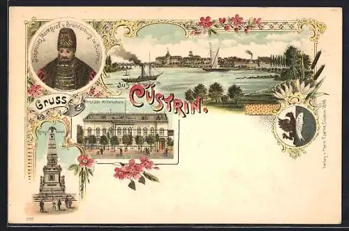 Lithographie Cüstrin, Krieger-Denkmal, Johannes Markgraf v. Brandenburg, Städt. Mittelschule