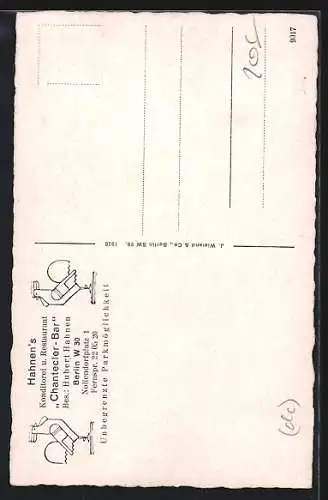 AK Berlin-Schöneberg, Restaurant Hahnen`s Chantecler-Bar, Bes. Hubert Hahnen, Nollendorfplatz 1