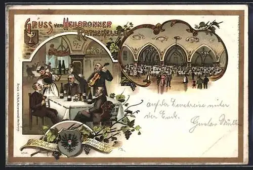 Lithographie Heilbronn, Restaurant Ratskeller mit Besuchern