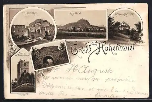 Lithographie Hohentwiel, Gasthaus auf halber Höhe, Turm mit Wiederholddenkmal, Hohenkrähen