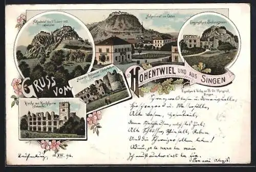 Lithographie Hohentwiel, Kirche mit Kirchturm, Hadwig`s Schloss mit Ekkehardsturm, Festungsruine