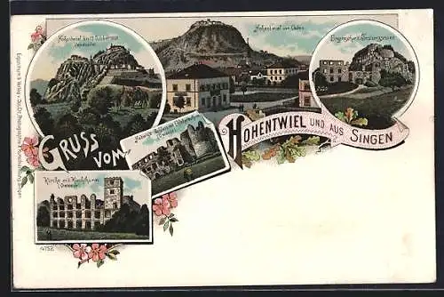 Lithographie Hohentwiel, Kirche mit Kirchturm, Hadwigs Schloss und Festungsruine