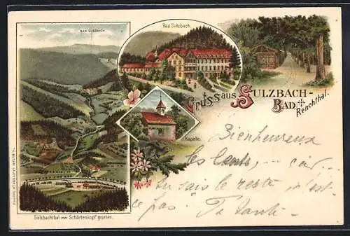 Lithographie Bad Sulzbach /Renchthal, Blick vom Schärtenkopf, Kapelle und Waldpartie
