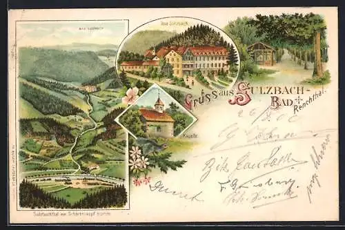 Lithographie Bad Sulzbach /Renchthal, Blick vom Schärtenkopf, Kapelle und Waldpartie