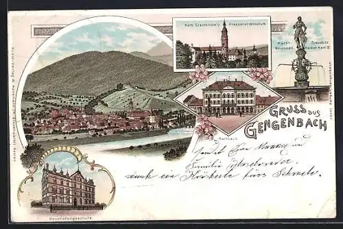 Lithographie Gengenbach, Haushaltungsschule, Rathaus, Kath. Stadtkirche und Praeparandenschule