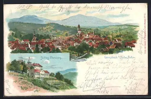 Lithographie Gernsbach b. Baden-Baden, Schloss Eberstein und Totalansicht