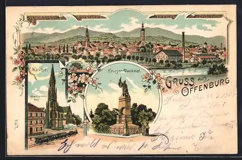 Lithographie Offenburg, Hotel Rheinischer Hof, Kirche, Kriegerdenkmal und Totalansicht