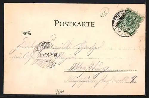 Lithographie Offenburg, Hotel Rheinischer Hof, Kirche, Kriegerdenkmal und Totalansicht