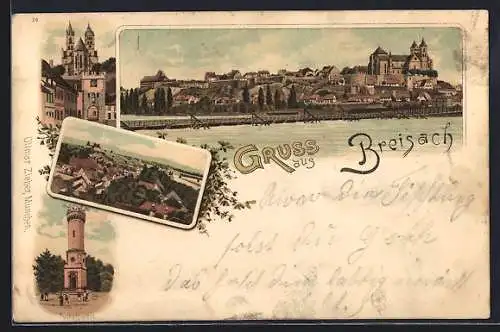 Lithographie Breisach, Tullaturm und Panorama mit Flusspartie