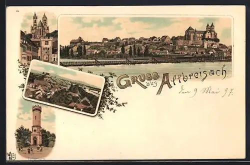 Lithographie Altbreisach, Tullaturm und Stadtpanorama