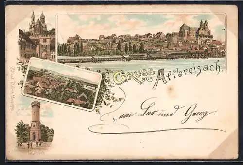 Lithographie Altbreisach, Stadtpanorama und Tullaturm