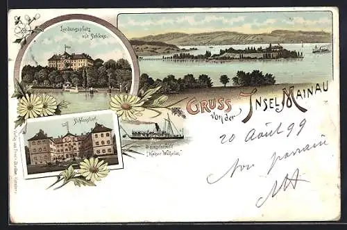 Lithographie Insel Mainau, Landungsplatz mit Schloss, Schlosshof, Dampfschiff Kaiser Wilhelm