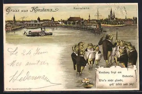 Lithographie Konstanz, Hafenansicht und singende Frösche