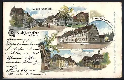 Lithographie Königsfeld in Baden, Bahnhofstrasse und Schwesternhaus