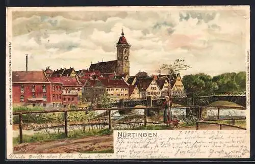 Lithographie Nürtingen, Ortsansicht mit Flusspartie