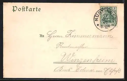 Lithographie Nürtingen, Ortsansicht mit Flusspartie