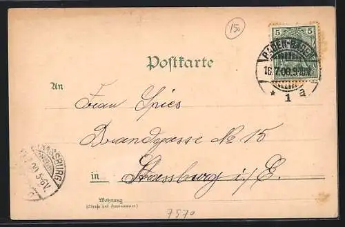 Lithographie Baden-Baden, Landesbad, Trinkhalle und Paar in Trachten