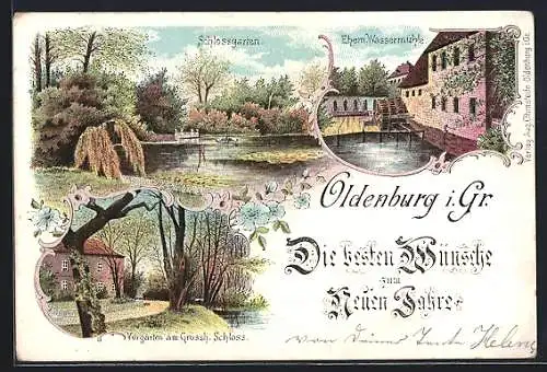 Lithographie Oldenburg i. Gr., Ehem. Wassermühle, Grossherzogl. Schloss mit Schlossgarten