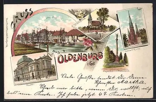 Lithographie Oldenburg i. Gr., Theater, Am Stau, Kircheshoflinde, Lambertikirche und Siegessäule