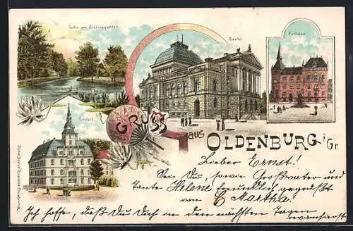 Lithographie Oldenburg i. Gr., Theater, Schloss, Rathaus und Schlossgarten